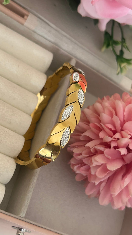 Elegant Leaf Design Gold-Plated Stainless Steel Kada with Crystal Accents for Women"