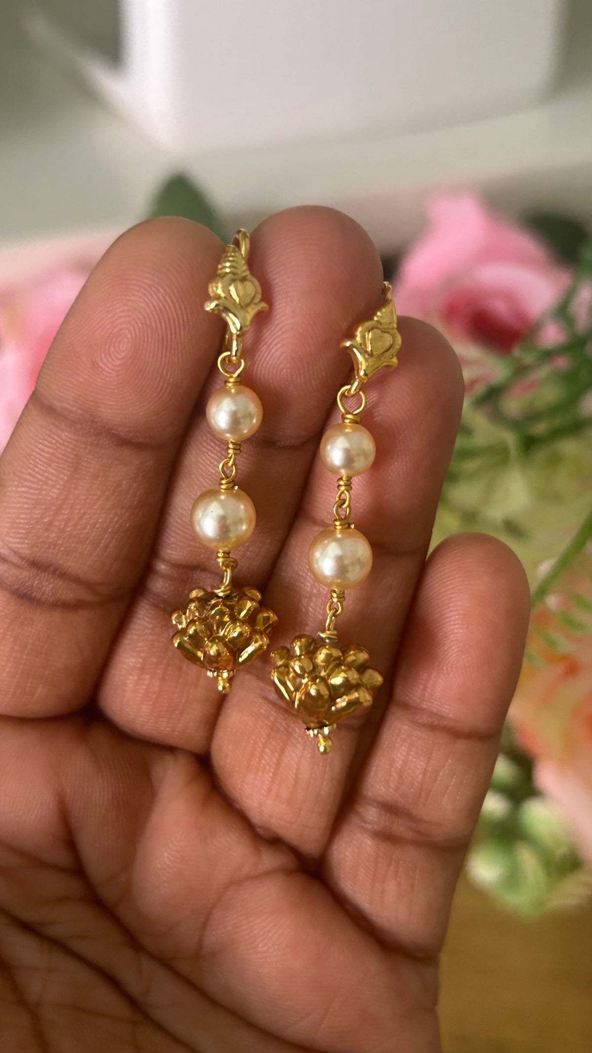 Classic Pearl Drop Earrings with Hanging Floral Design