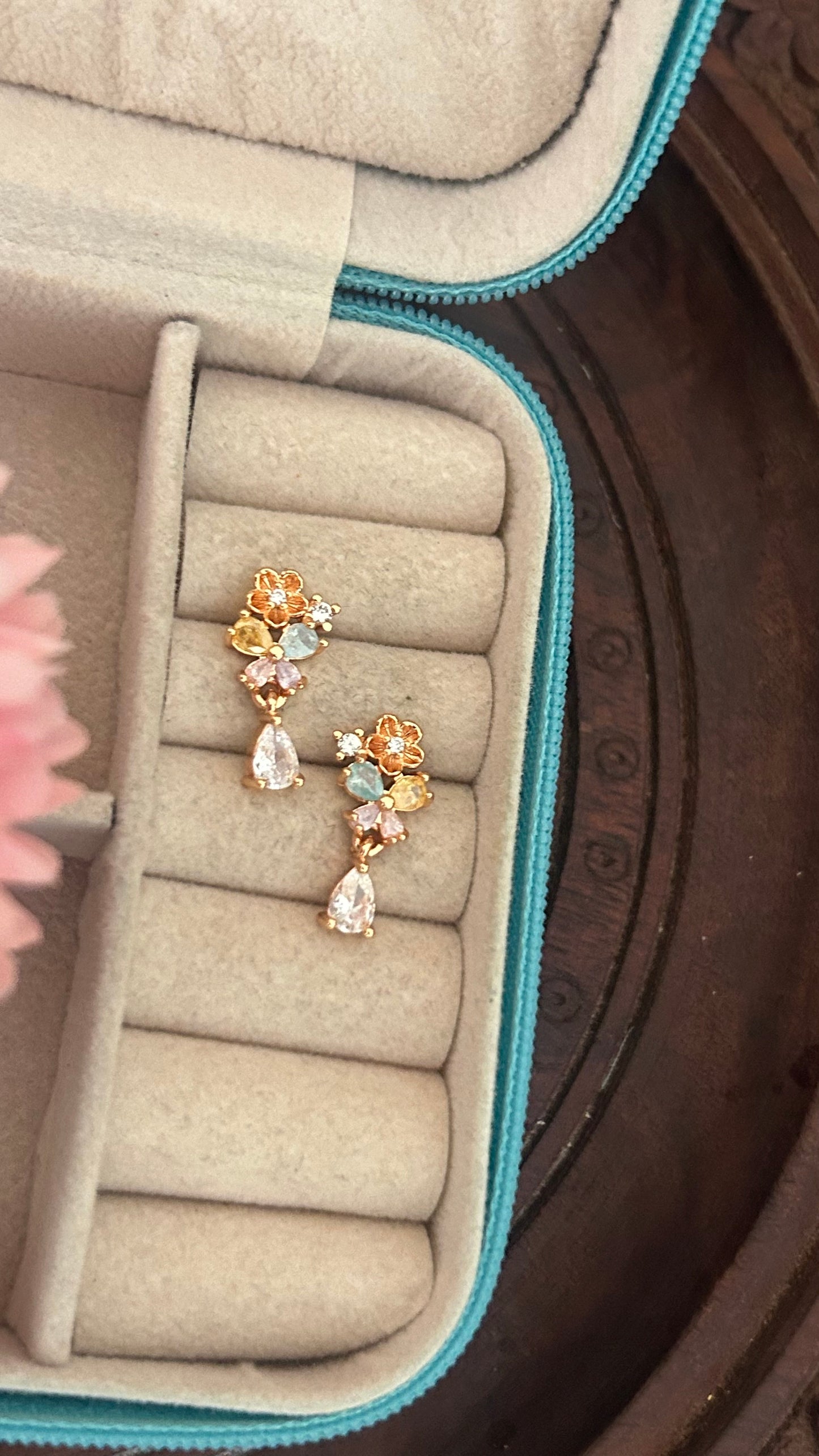 Cz multicoloured flower stud with stone hanging