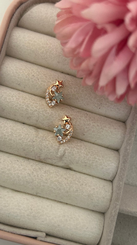 Cute Celestial Stud Earrings – Moon, Star & Crystal Design in Gold Tone"-sea blue