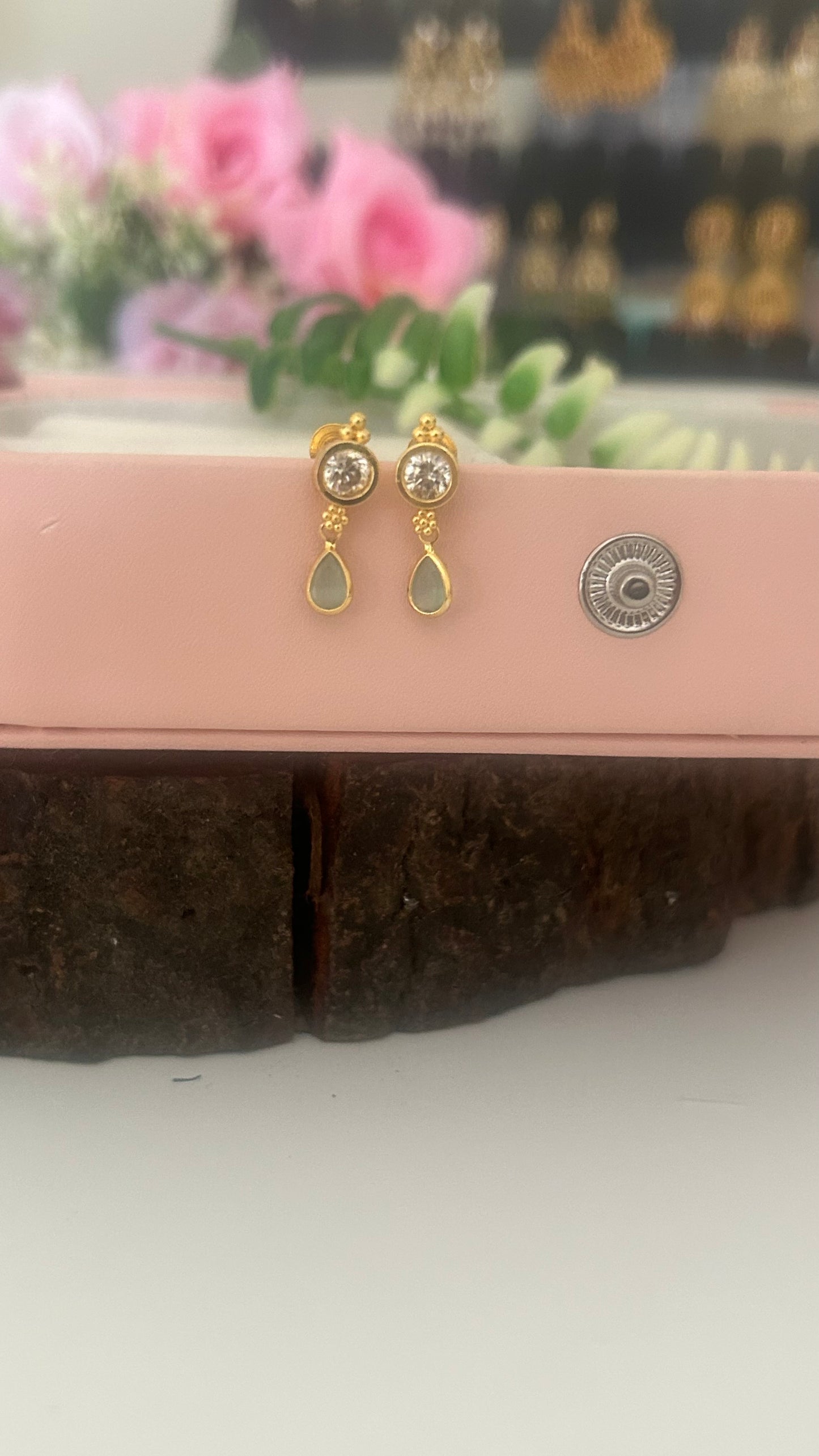 Traditional Screwback Earrings with Diamond Look Stone & Pastel Drop