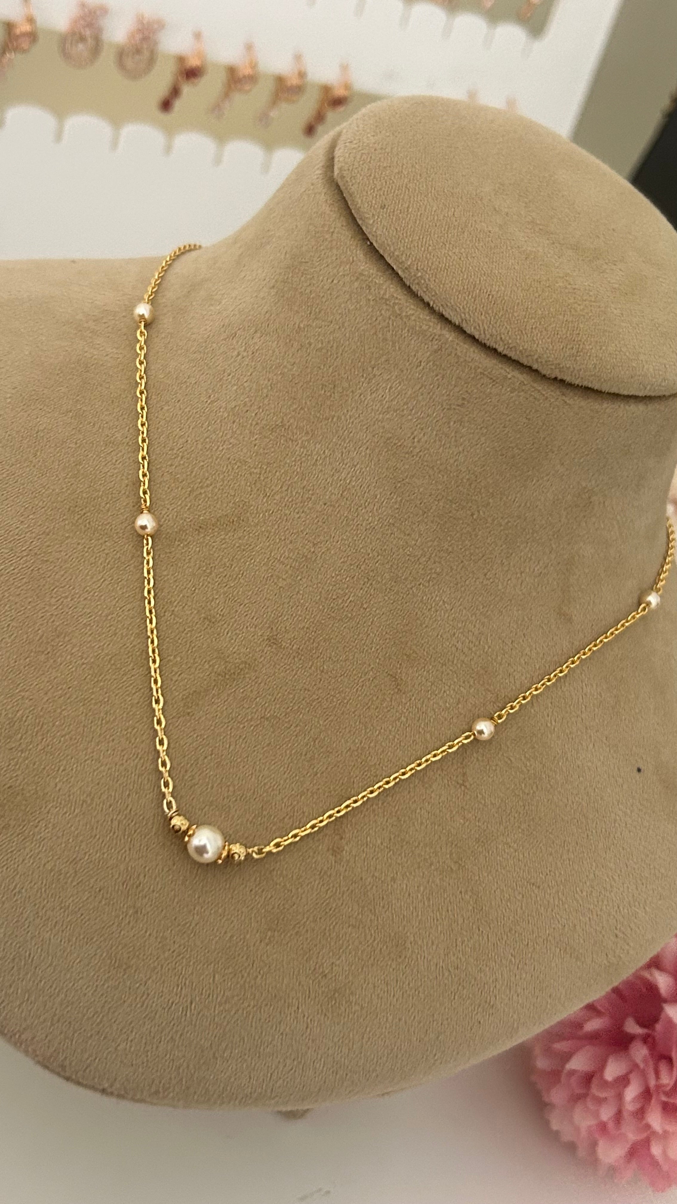 Simple swaroski pearl chain with gold bindi balls in 17 inches ...