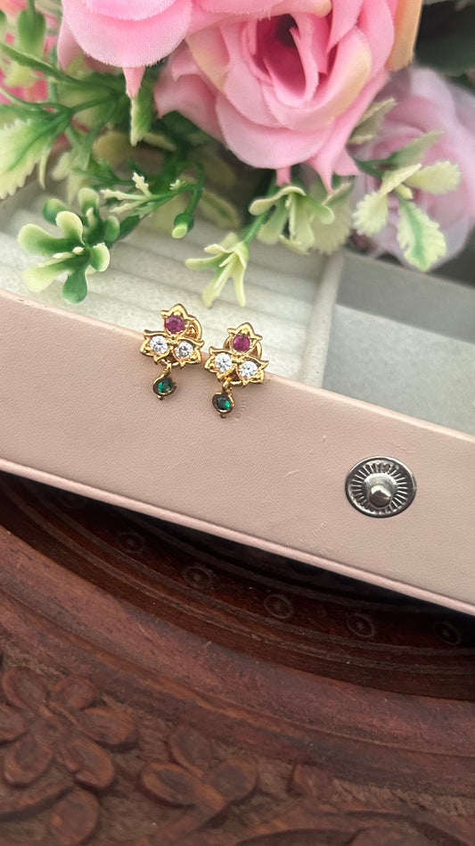 Traditional Panchaloha Lotus Stud Earrings with Ruby, Emerald & CZ Stones – South Indian Temple Jewelry