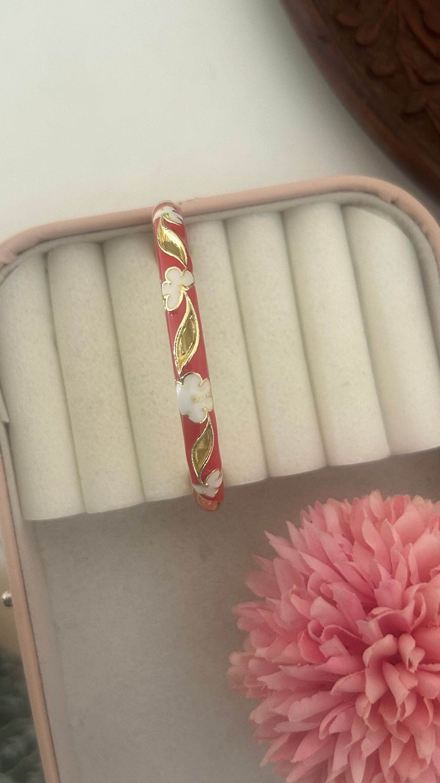 "Elegant Red Enamel Floral Openable Kada for Women – Gold-Plated Bangle with White Flower & Leaf Design"