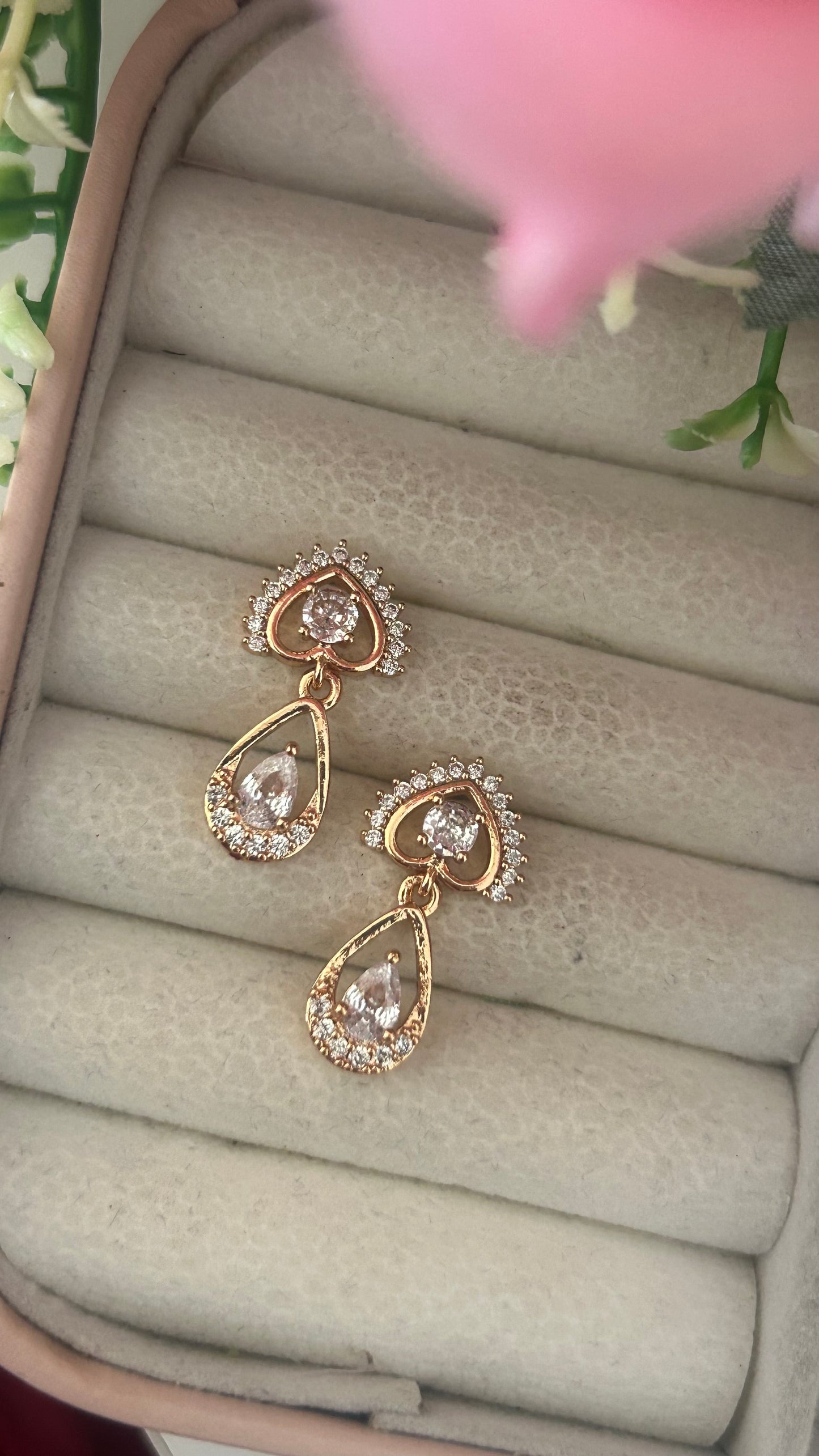 Gold-Plated CZ Drop Earrings – Heart & Teardrop Design with Sparkling Stones