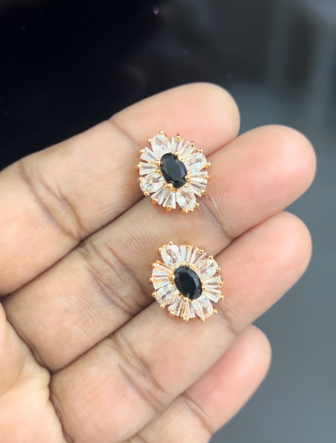 CZ black oval shape stud with full white stones