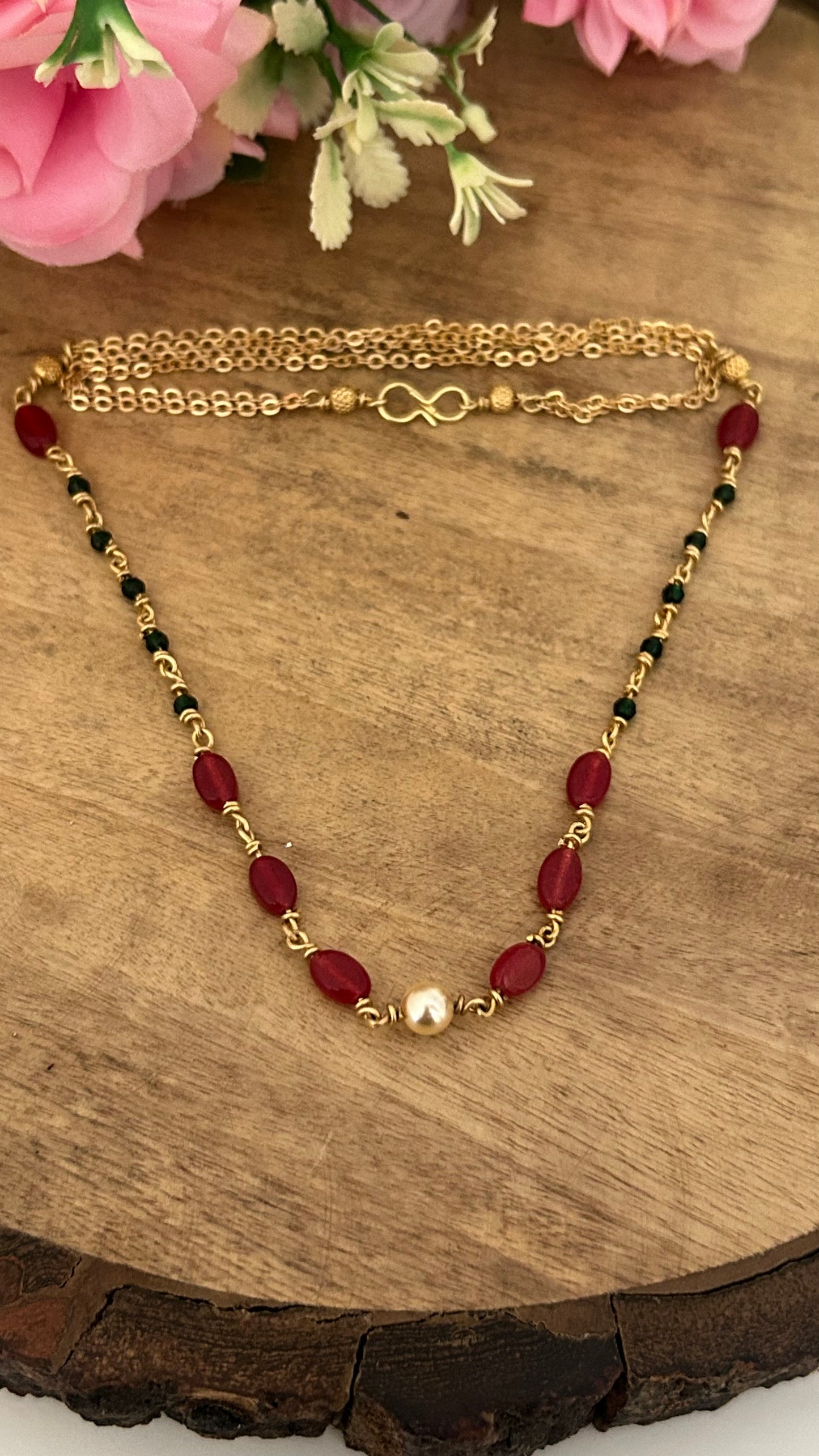 Classic Panchaloham Chain with Red & Green Stone Beads in 20 inches unpolished
