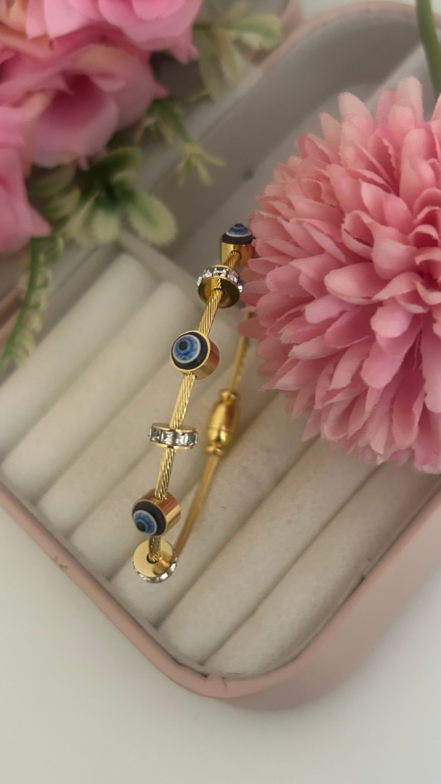 Gold Evil Eye Charm Bracelet with Crystal Spacers