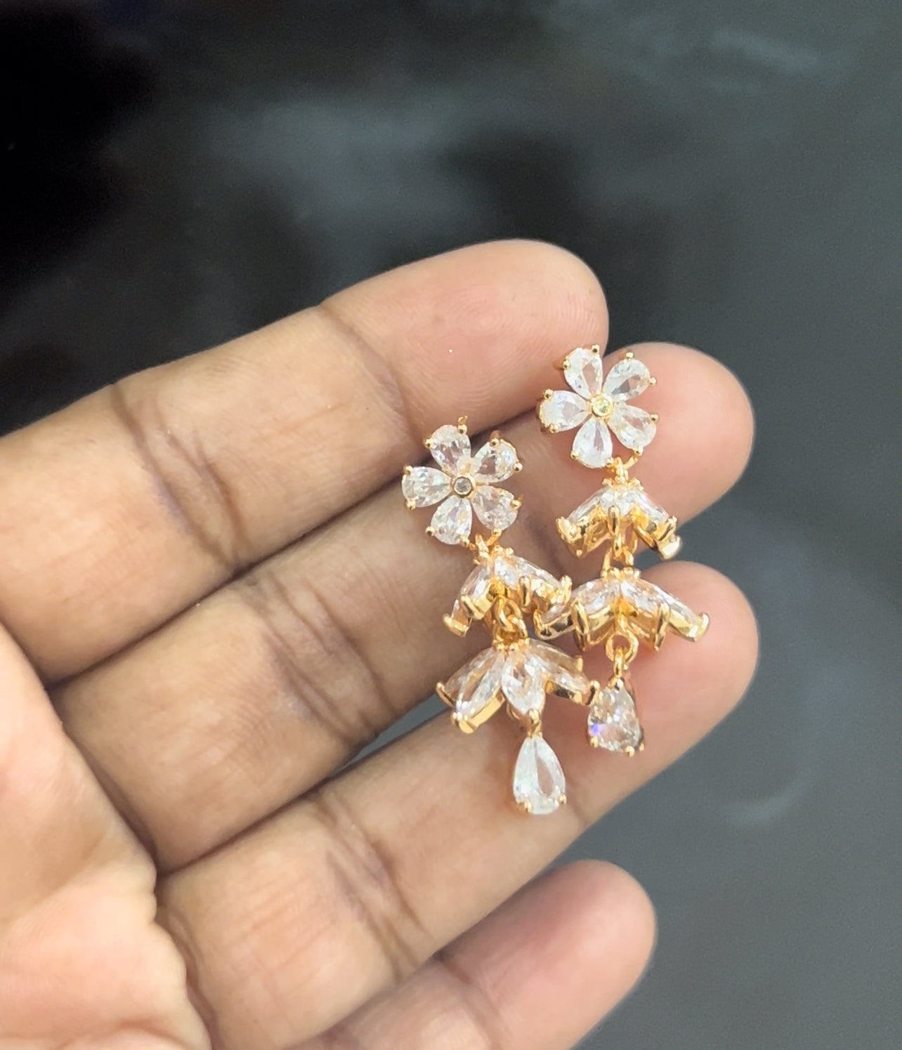 CZ flower stud with hanging Jumka