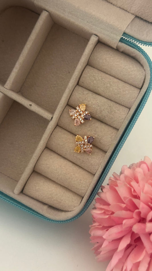 Cz multicoloured flower stud in square pattern