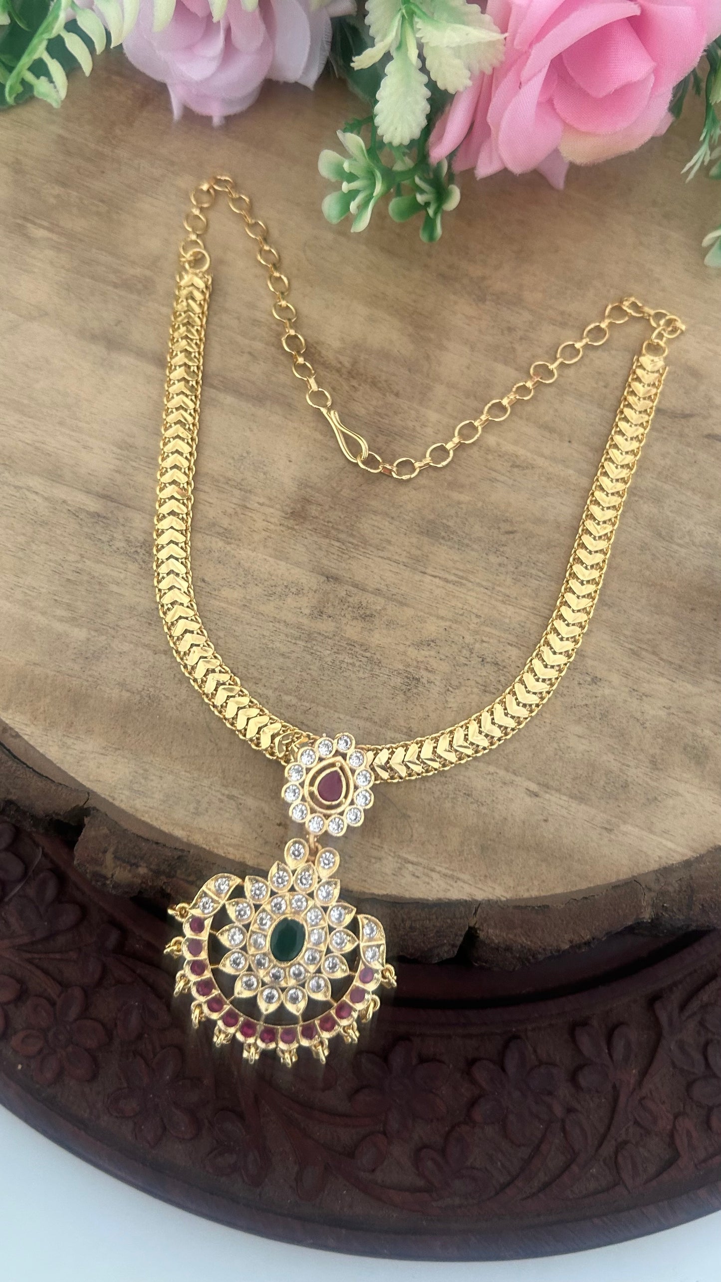 "Traditional Panchaloham Nanu Patti with Ruby & Emerald Stone Detachable Pendant – with polish"