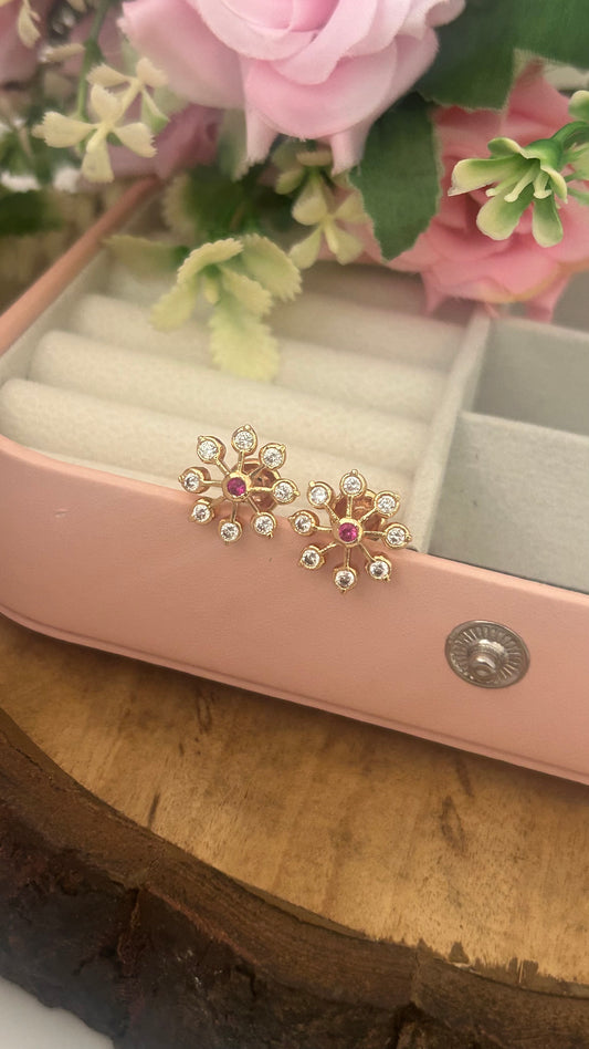 Traditional Panchaloham with Gold Finish Stud Earrings – Floral Sparkle Design with middle red stone ( big size only)