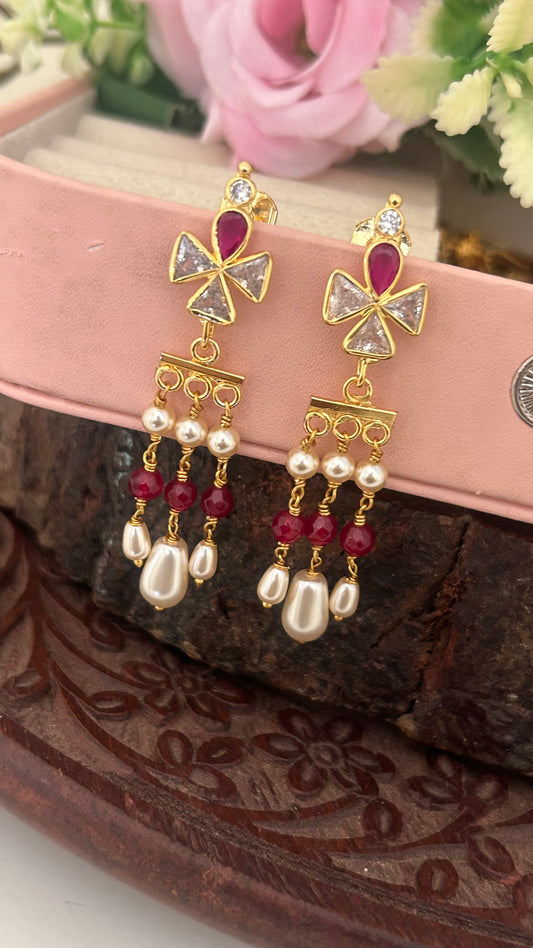 Elegant Handmade Hanging Earrings with Polki Design & Pearl Drops