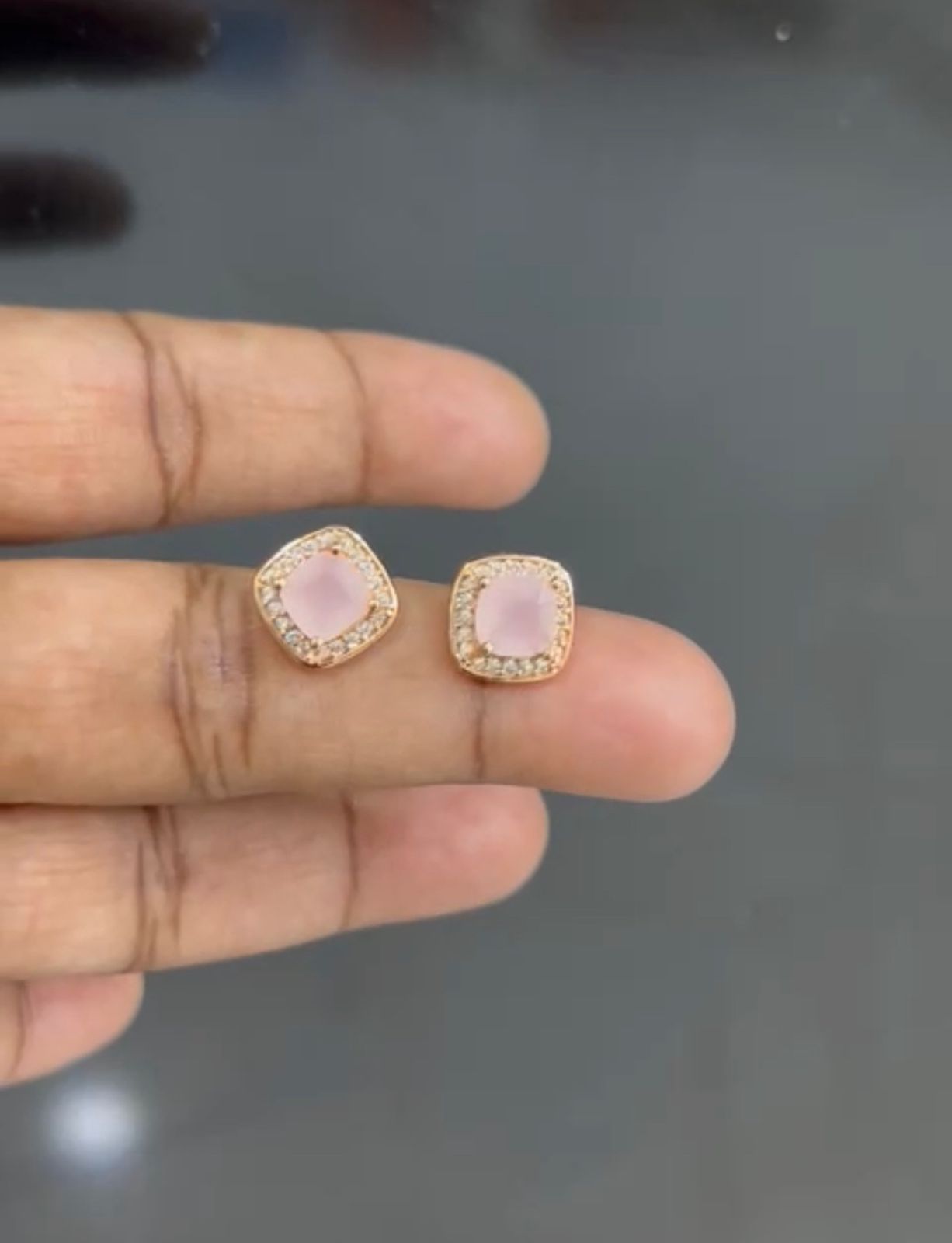 CZ Pink stone and white stones border stud