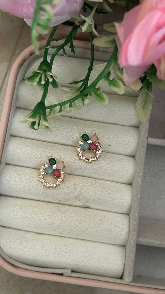 Elegant Multicolor Stud Earrings – Round Gold Plated Design with Floral Touch