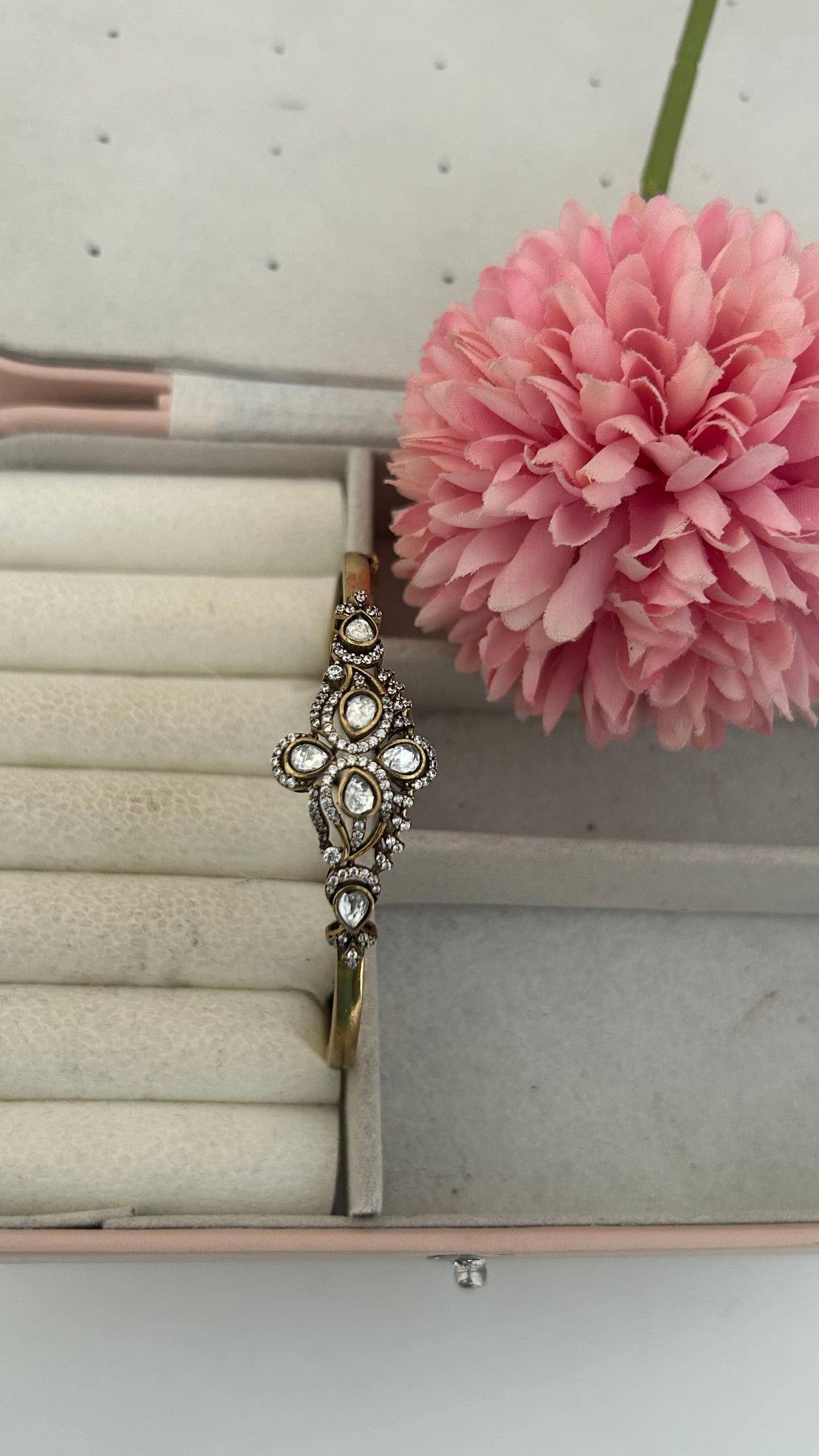 Antique Gold Finish Bangle with CZ Stones – Bridal Kundan Style Kada ll openable (up to 26 )