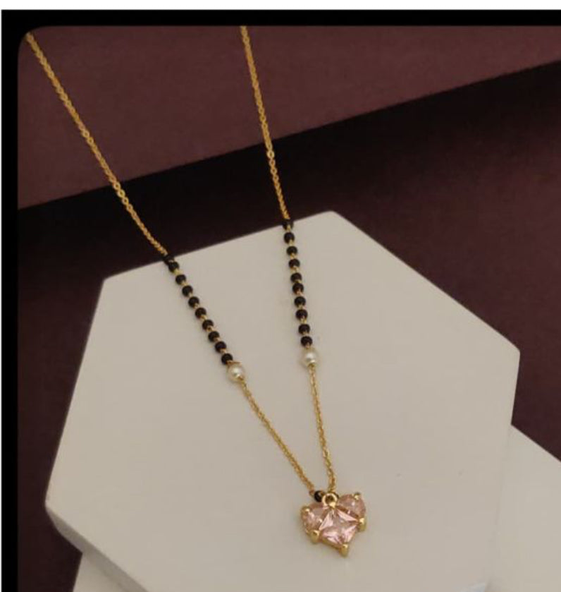 Stylish Black Beads Chain with Pink Heart Charm | Lightweight Mangalsutra