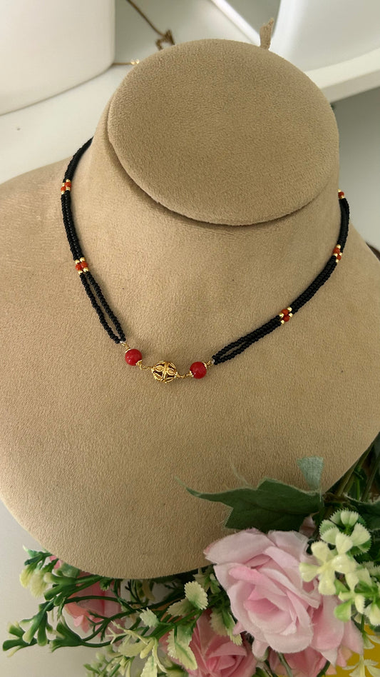 Dainty 16" Black Bead Choker with Gold Filigree & Red  coral bead Accents