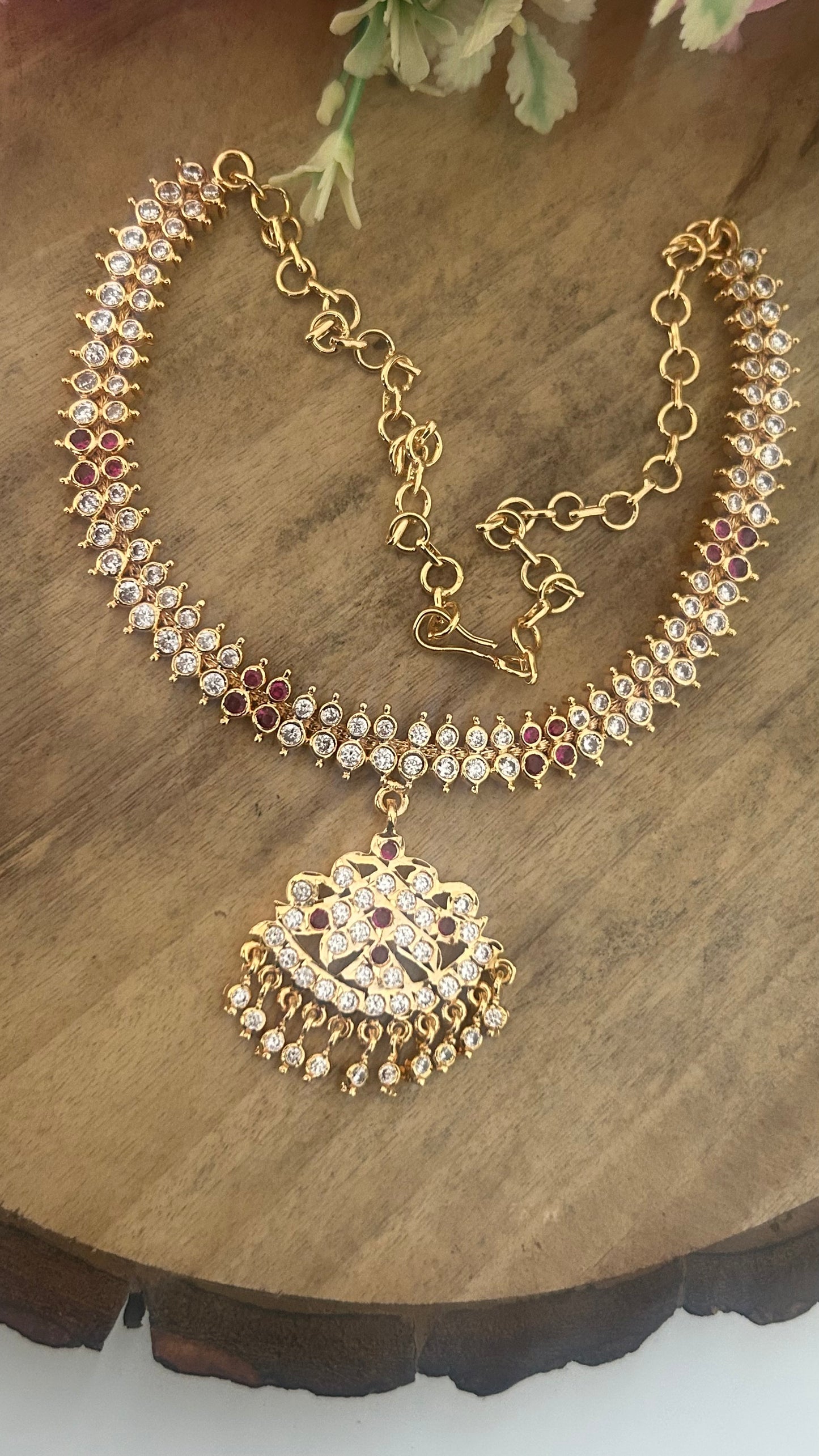 Elegant Ruby & White Stone Panchaloham Necklace with Pendant with polish