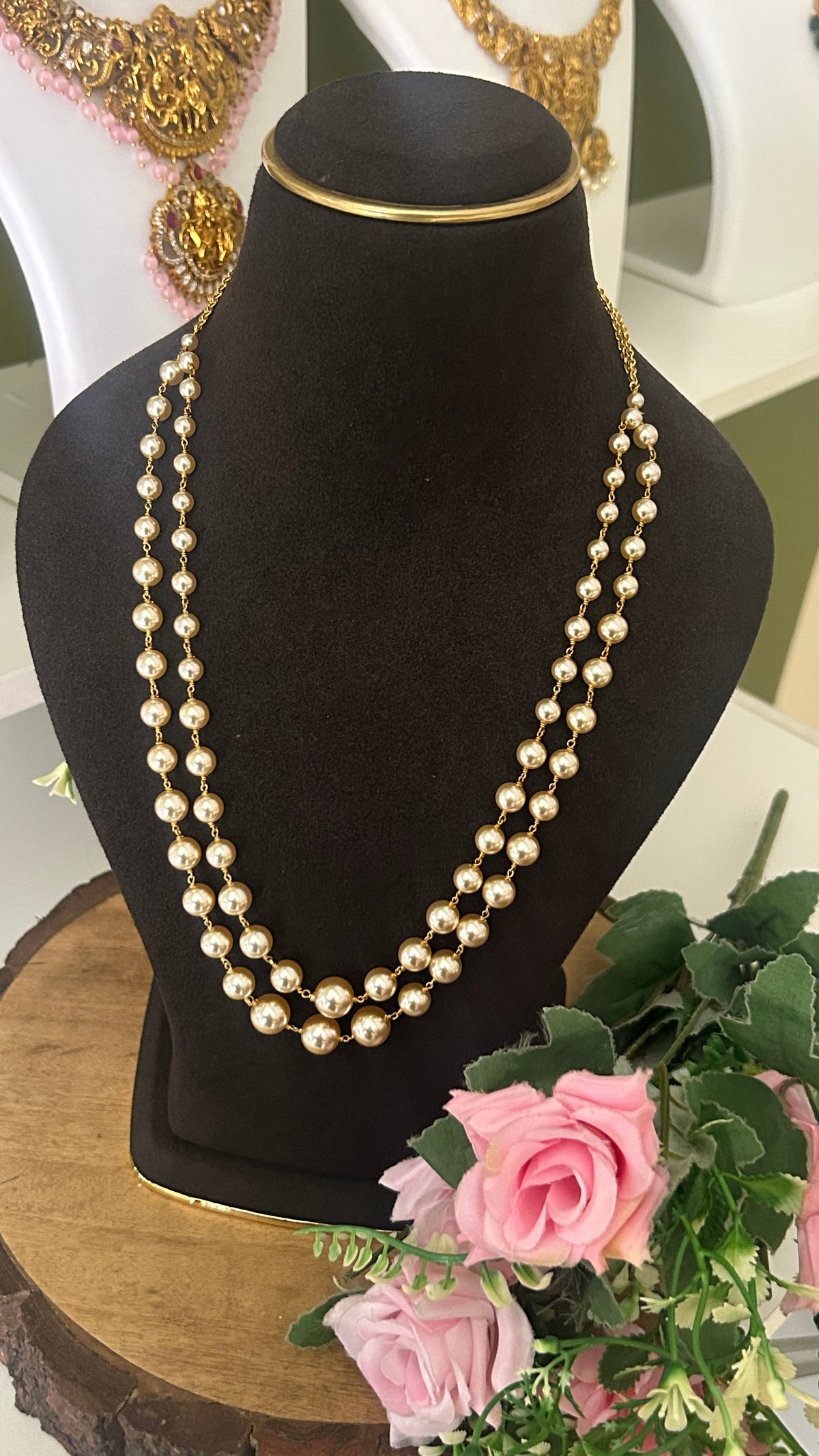 Handmade Double Layer Golden swaroski Pearl Mala | Elegant Layered Bead Strand