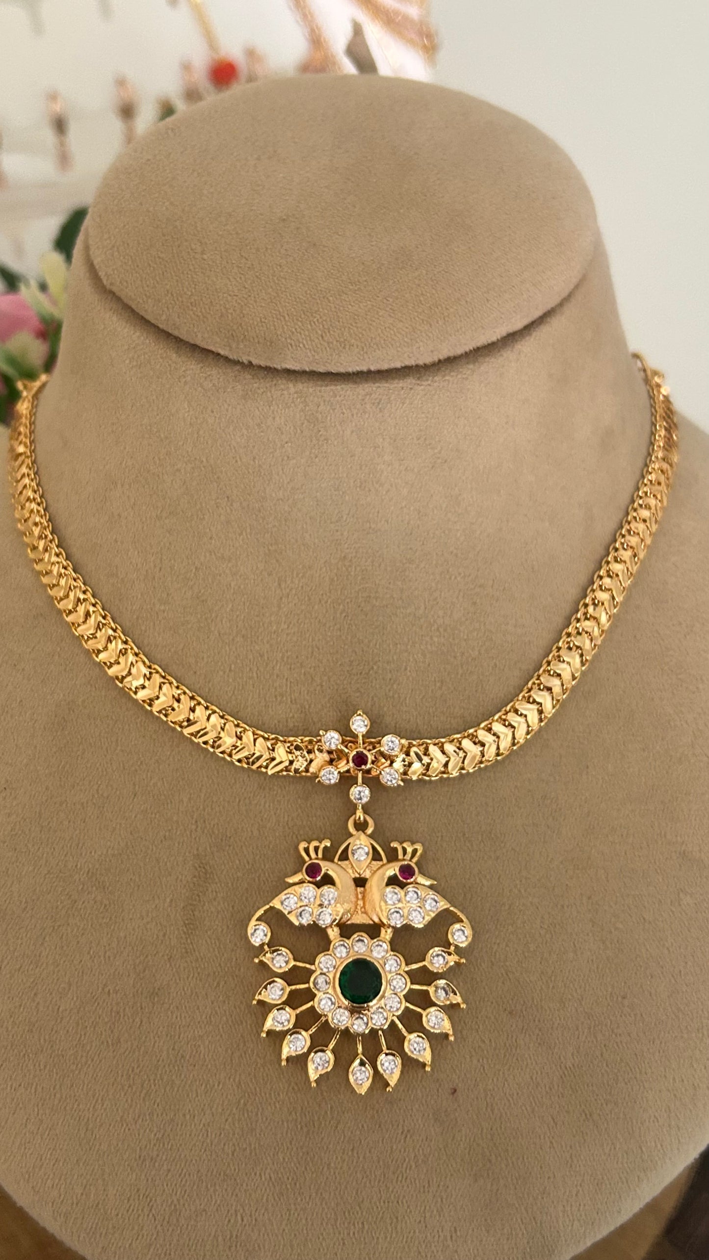 Traditional Panchaloham Nanupatti with Polish | Peacock Stone Pendant Temple Jewelry