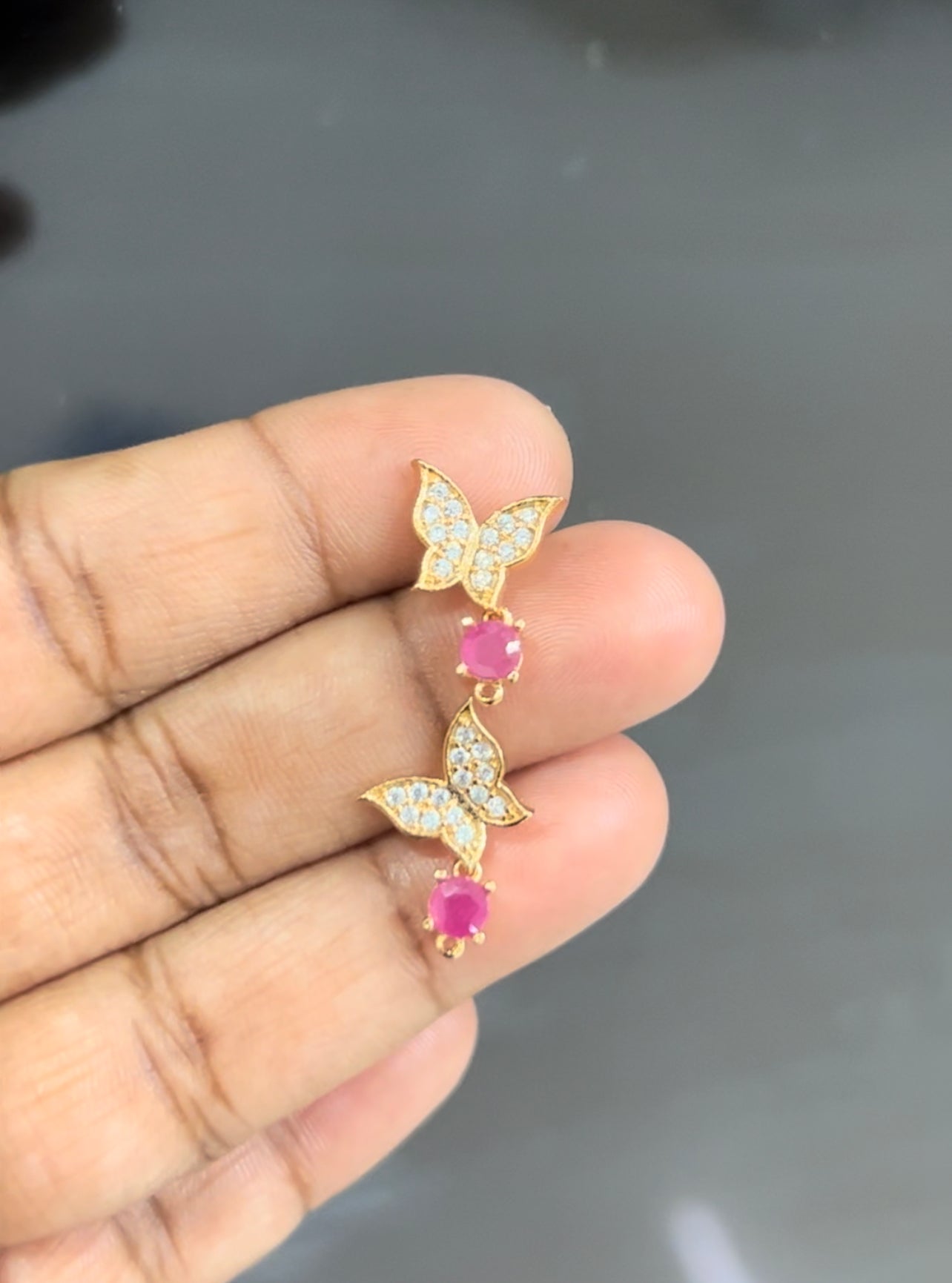 CZ butterfly stud with red drops