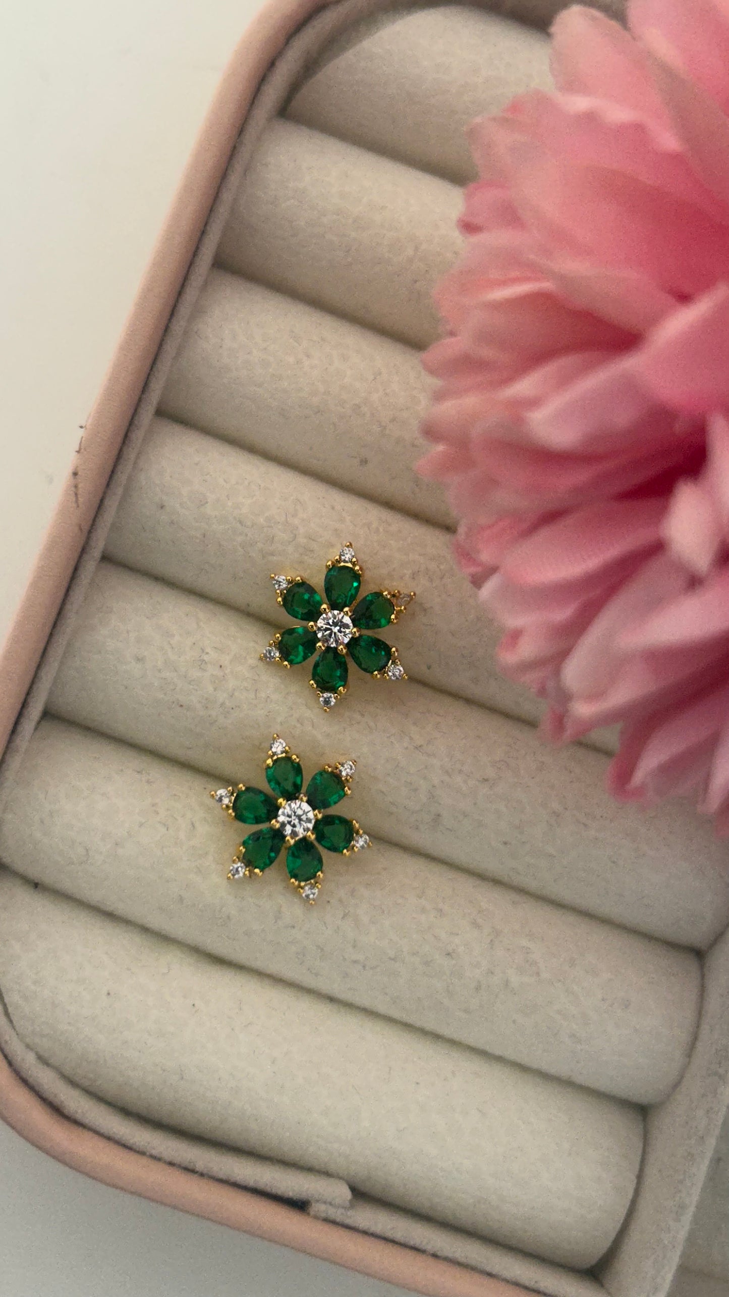 "Elegant Floral Stud Earrings Set – Yellow, Ruby Red & Emerald Green with CZ Accents – Gold-Plated Design for Women"