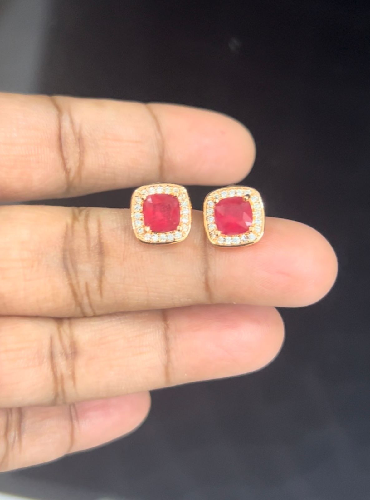 CZ Square shape white stone border and red stone stud