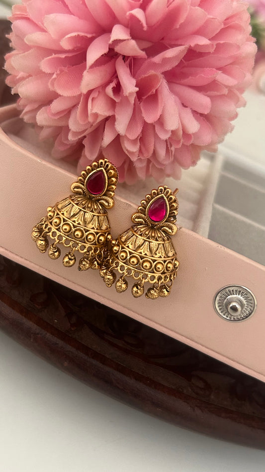 Traditional Semi Butta Jhumkas with Pear Drop Design