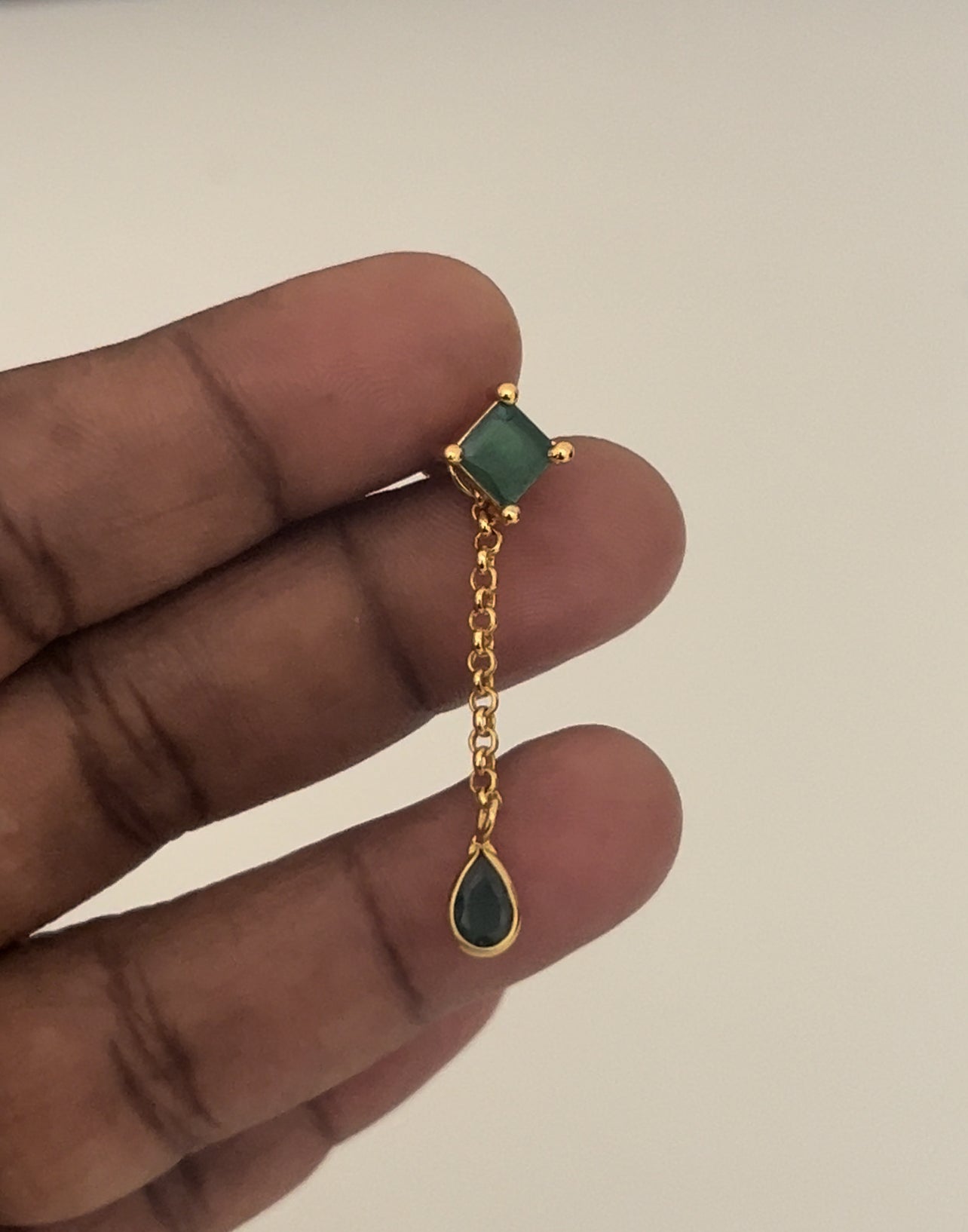 Green stone stud with polki string hanging