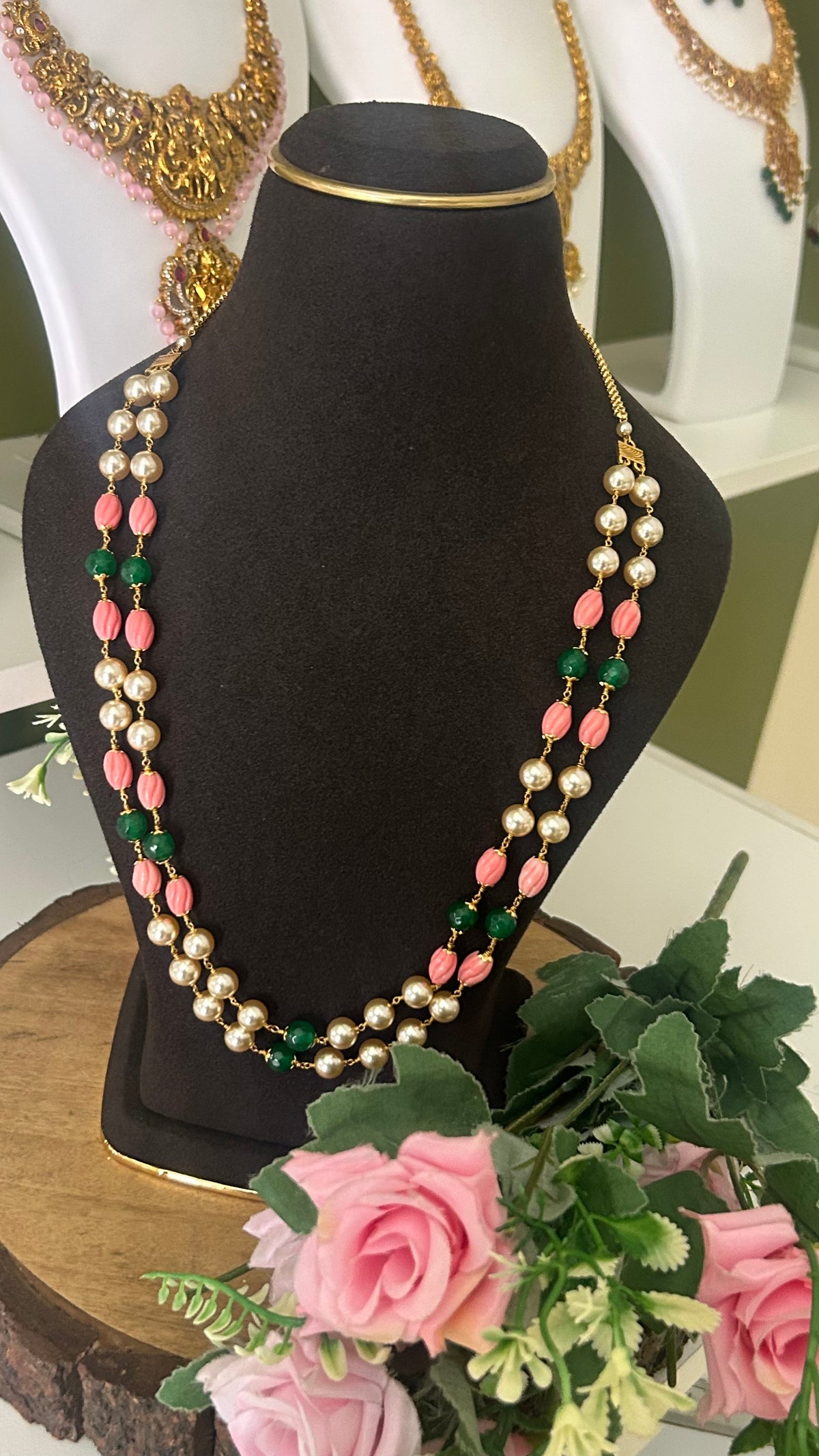 Pink Green Beaded Pearl Double Layer Necklace | Traditional Ethnic Long Necklace for Women