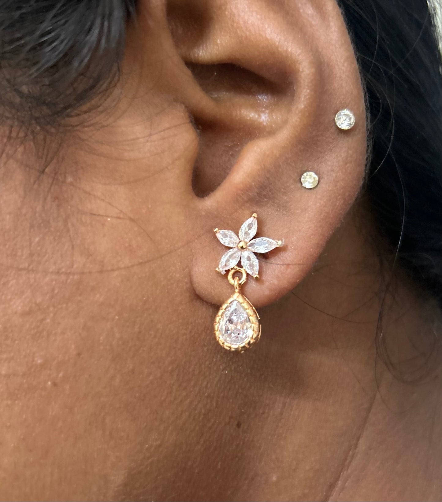 CZ flower stud with drop