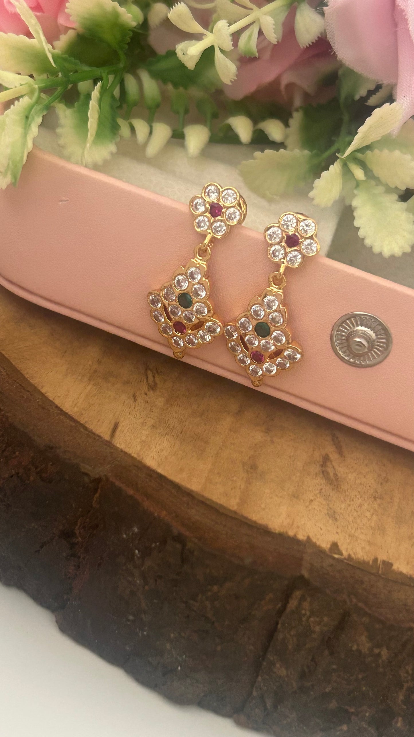 Traditional Panchaloham Drop Earrings with Ruby & Green Stone Accents