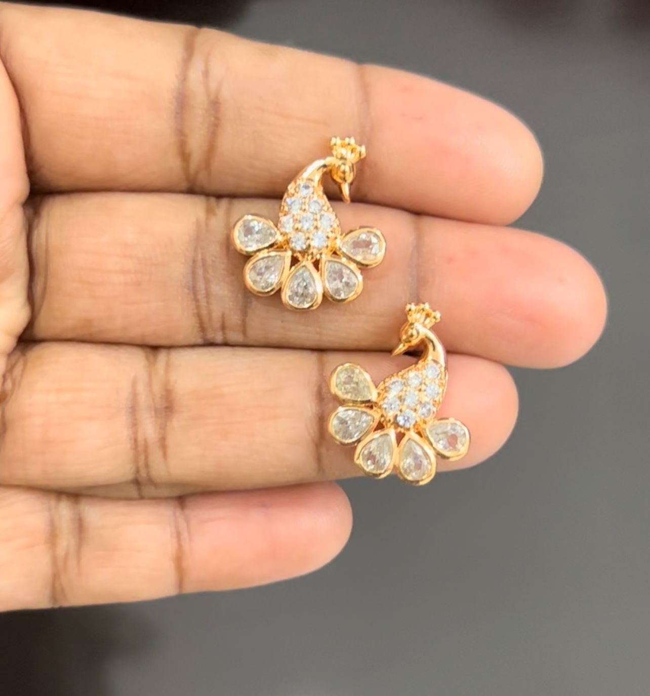 CZ Gold plated white stones peacock shape stud