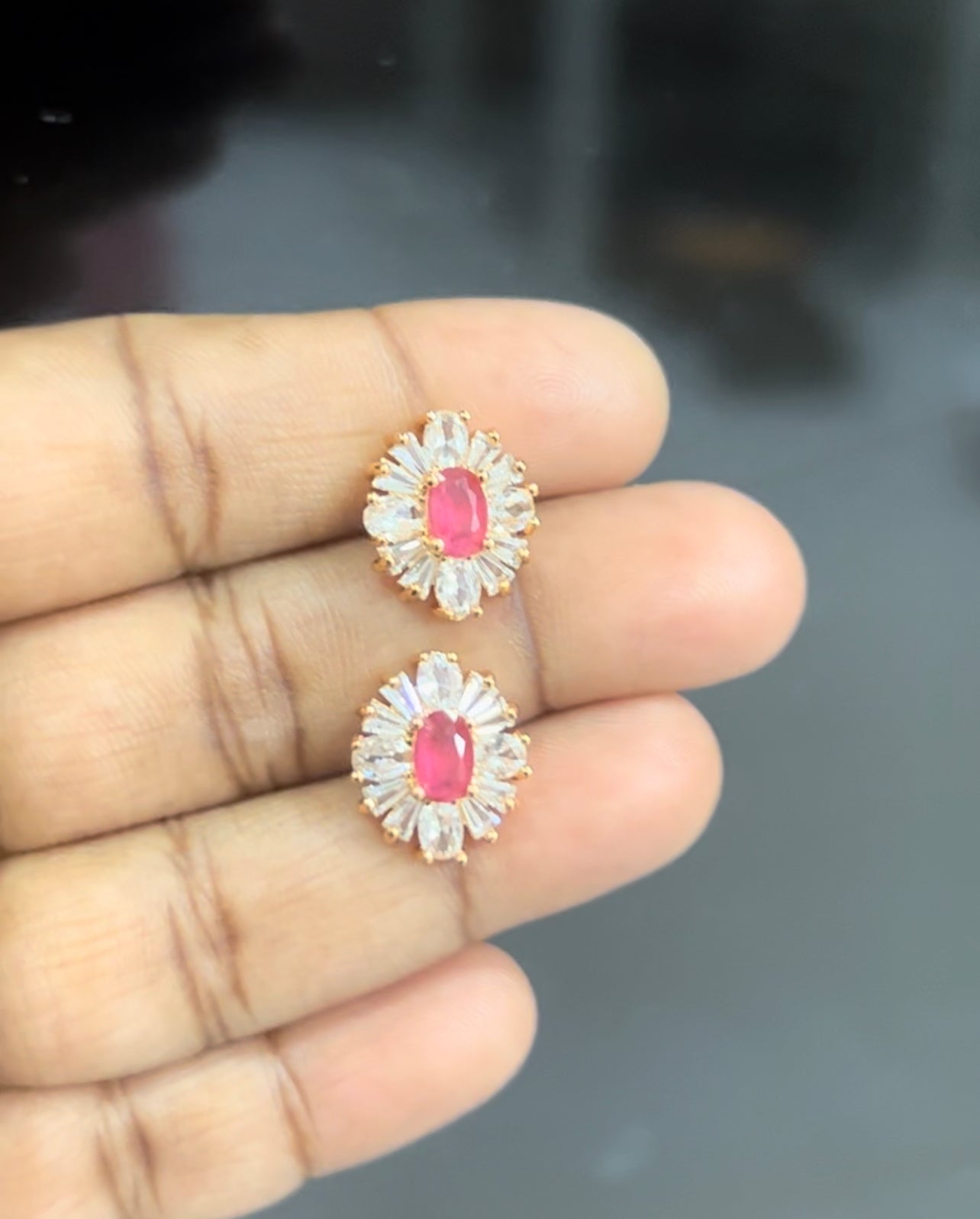 CZ oval shape full stones with middle red stone stud