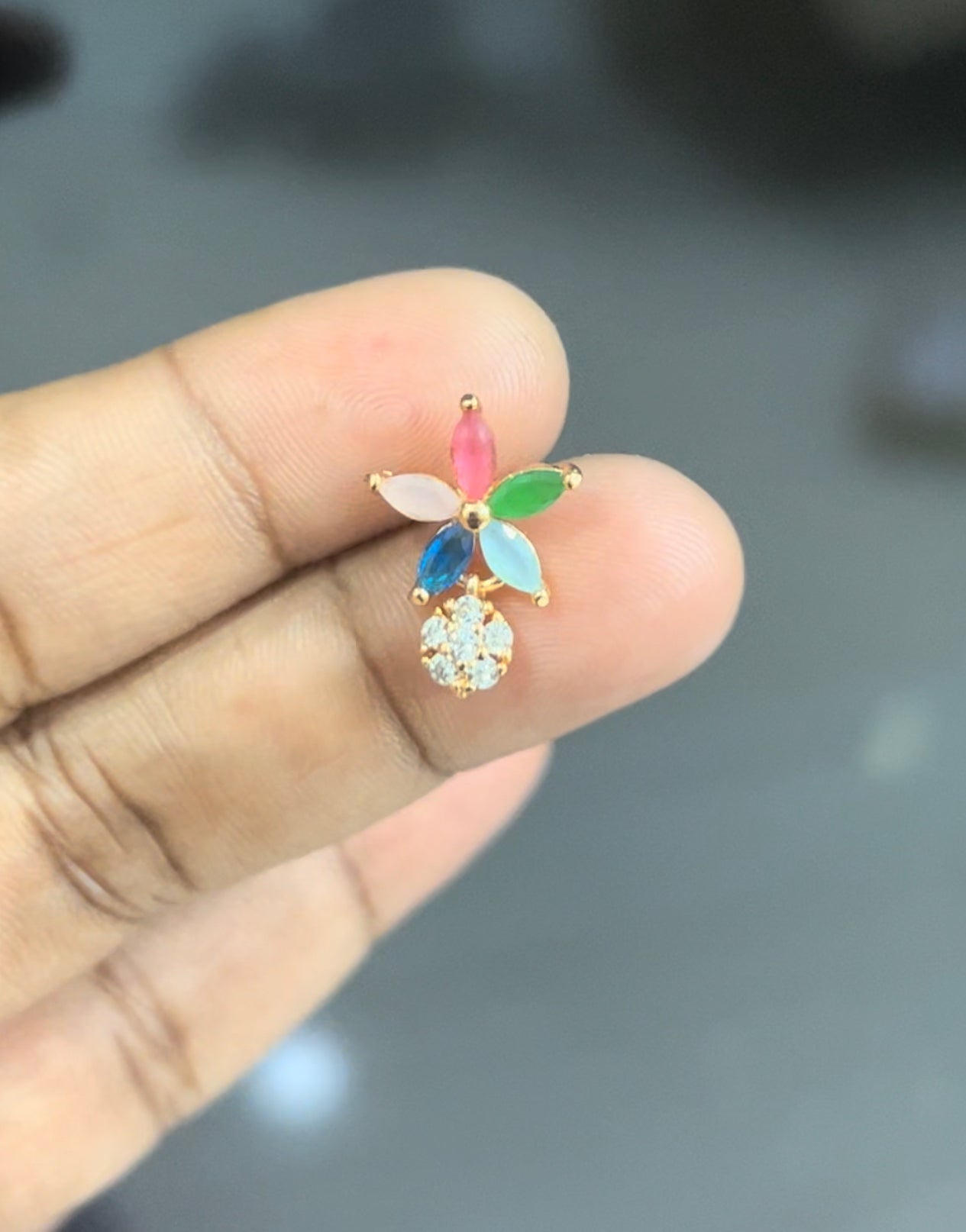 Multicoloured flower stud with floral drops