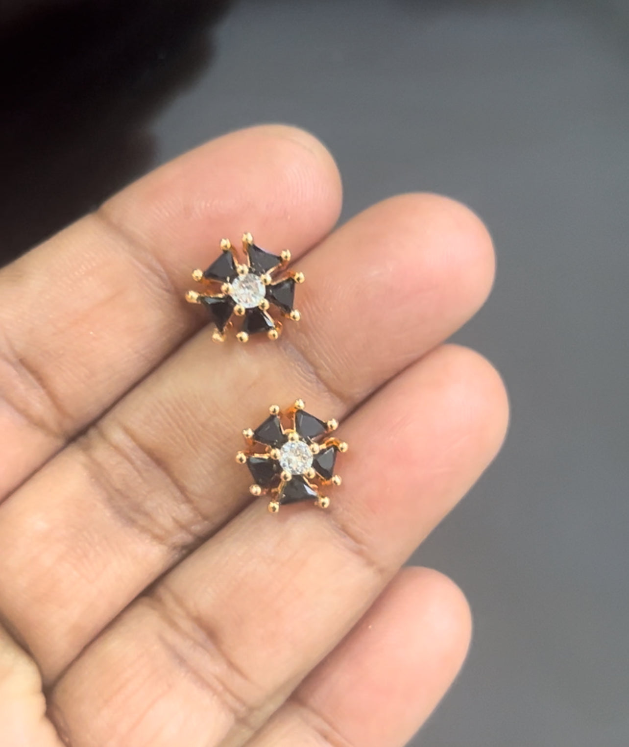 CZ black 5 petal  flower stud