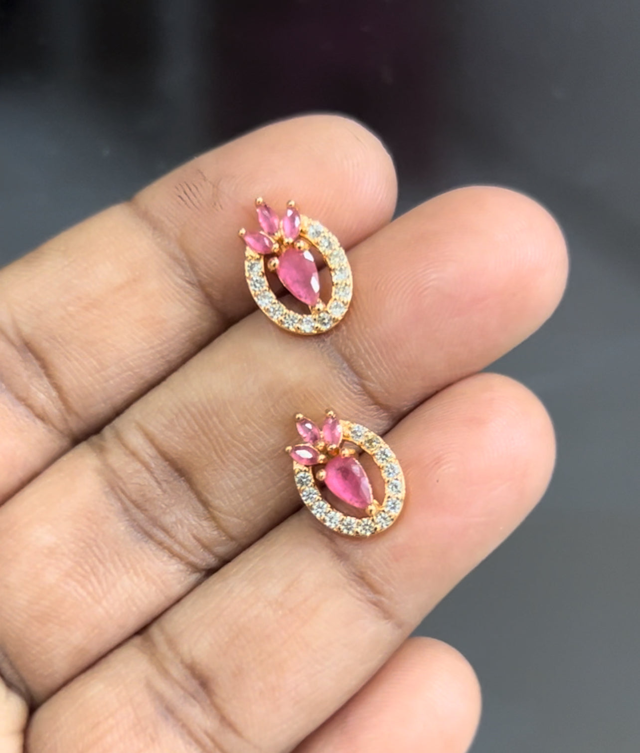 CZ oval shape 3 petal stud