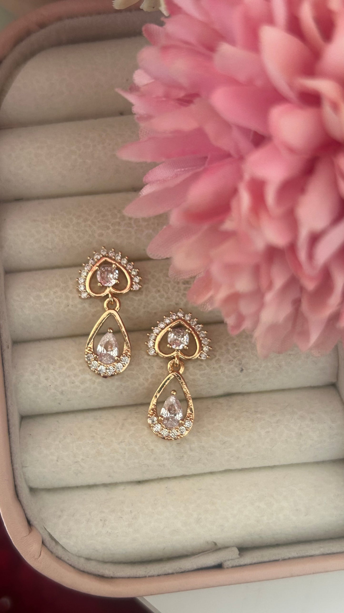 Gold-Plated CZ Drop Earrings – Heart & Teardrop Design with Sparkling Stones