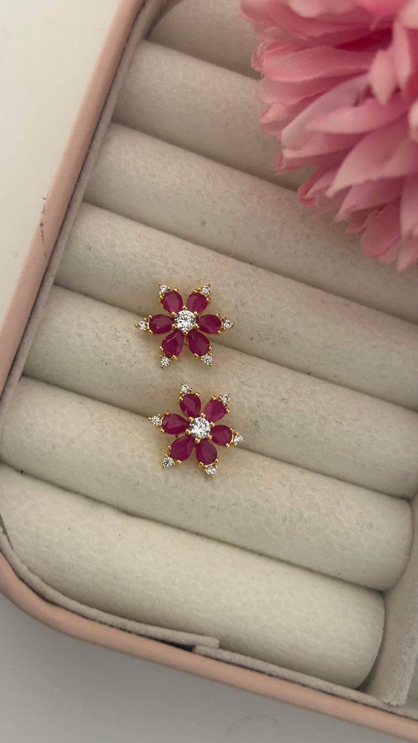 "Elegant Floral Stud Earrings Set – Yellow, Ruby Red & Emerald Green with CZ Accents – Gold-Plated Design for Women"