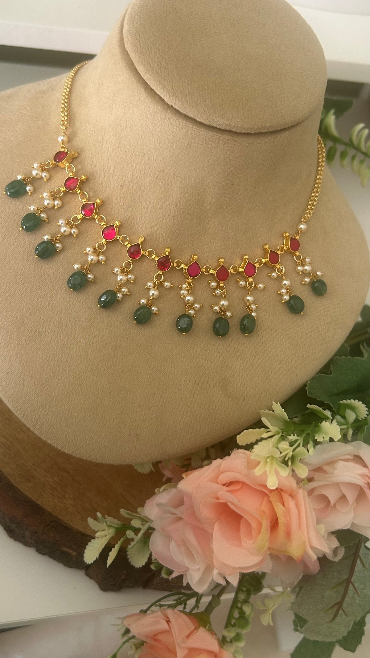 Kundan Drop Necklace with Green Strawberry Beads & Ruby Red Stones – Elegant Traditional Jewellery