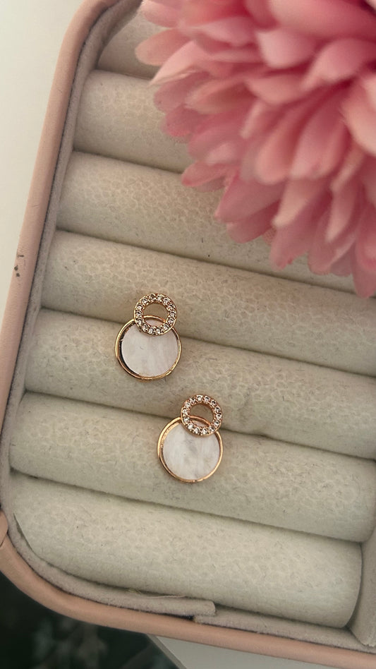 Gold Plated Mother of Pearl Circle Stud Earrings with CZ Halo – Timeless Minimalist Elegance