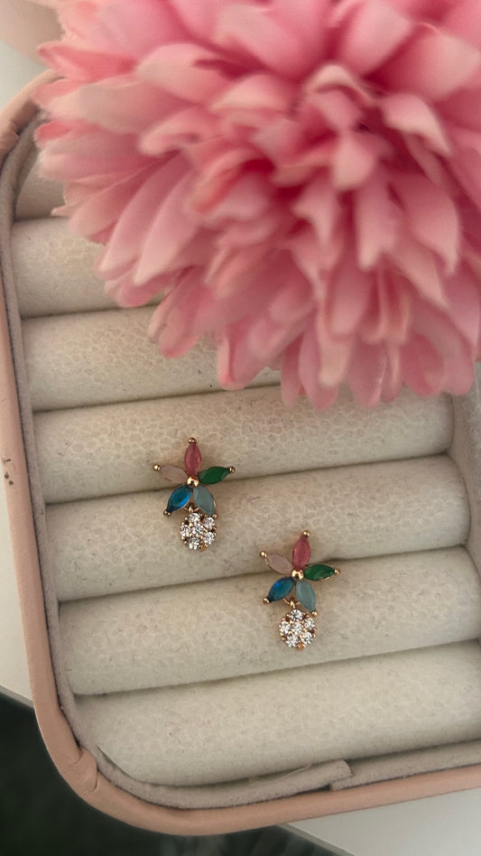 Gold Plated Multicolor Petal Stud Earrings with CZ Floral Drop – Vibrant Party Jewelry