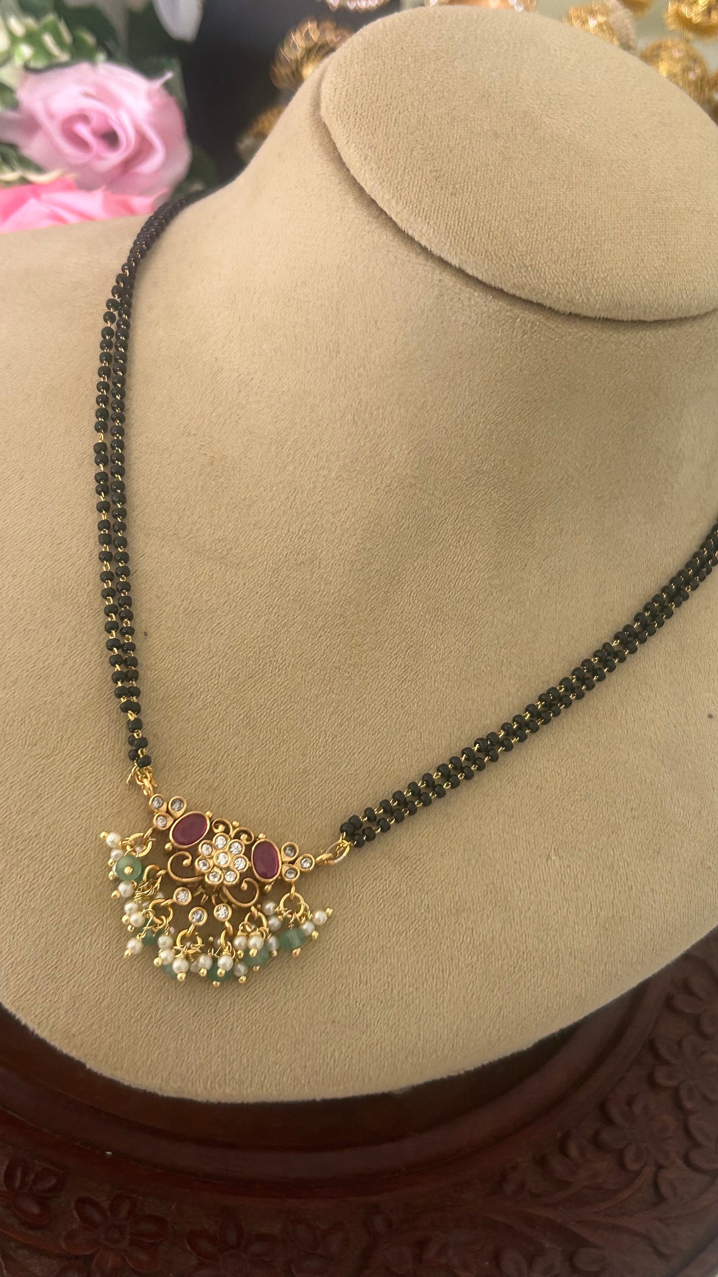 2 line blackbeads with red flower pendent in 16 to 17 inches