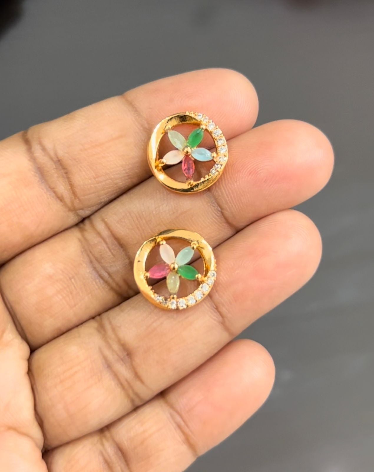 CZ MULTICOLOUR FLOWER STUD IN ROUND SHAPE