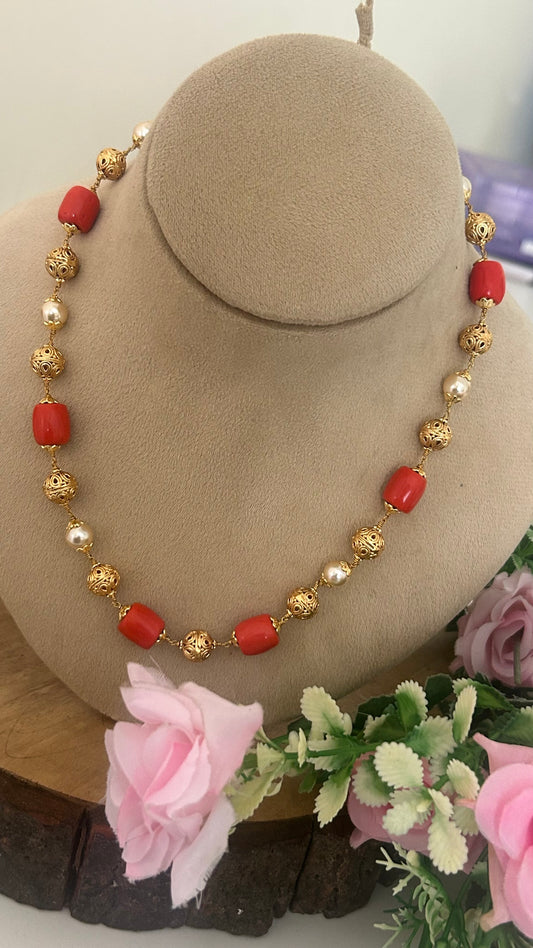 Handmade Coral Bead Necklace with Swarovski Pearls & Nakshi Balls | Traditional Designer Chain