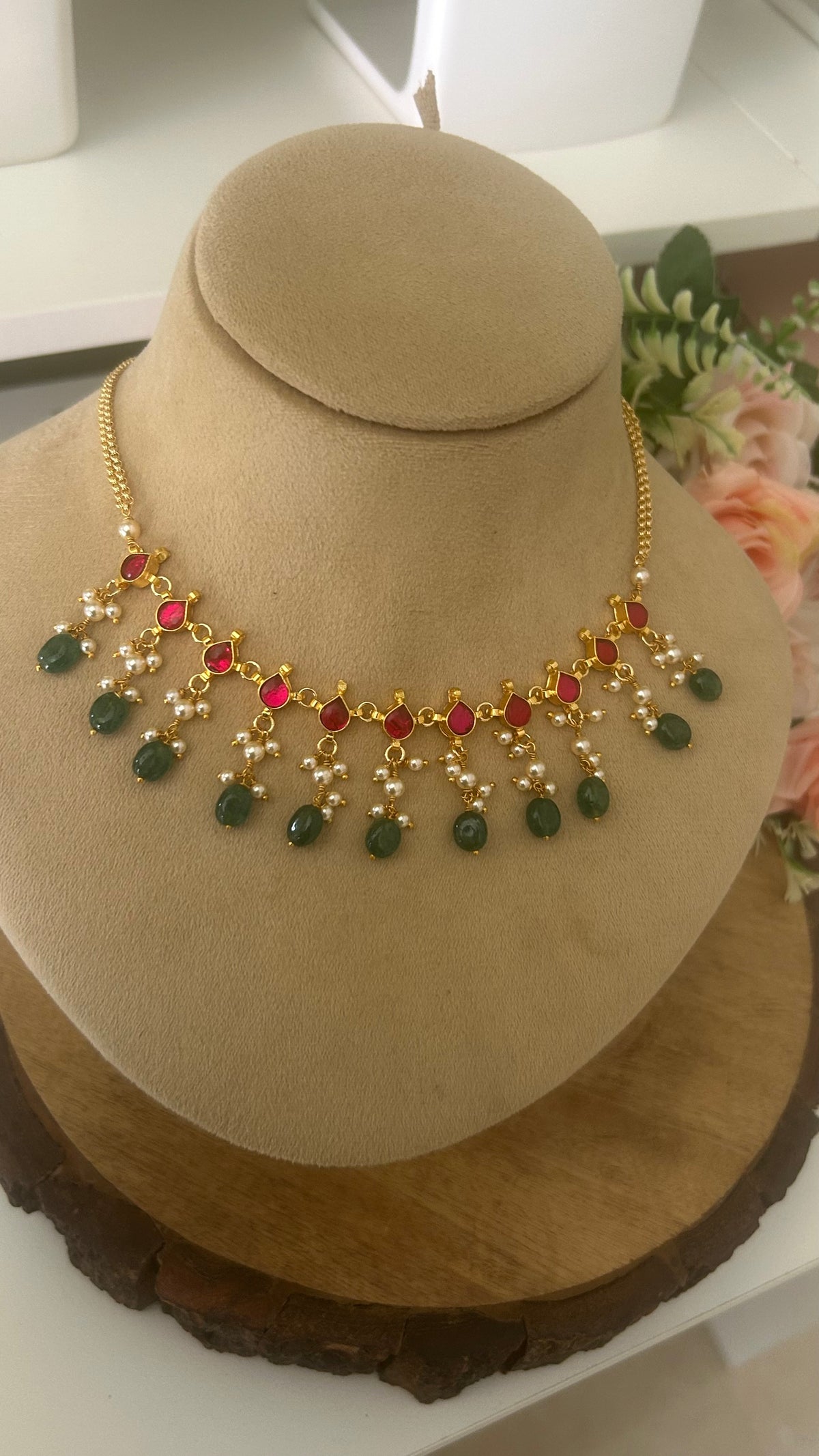 Kundan Drop Necklace with Green Strawberry Beads & Ruby Red Stones – Elegant Traditional Jewellery