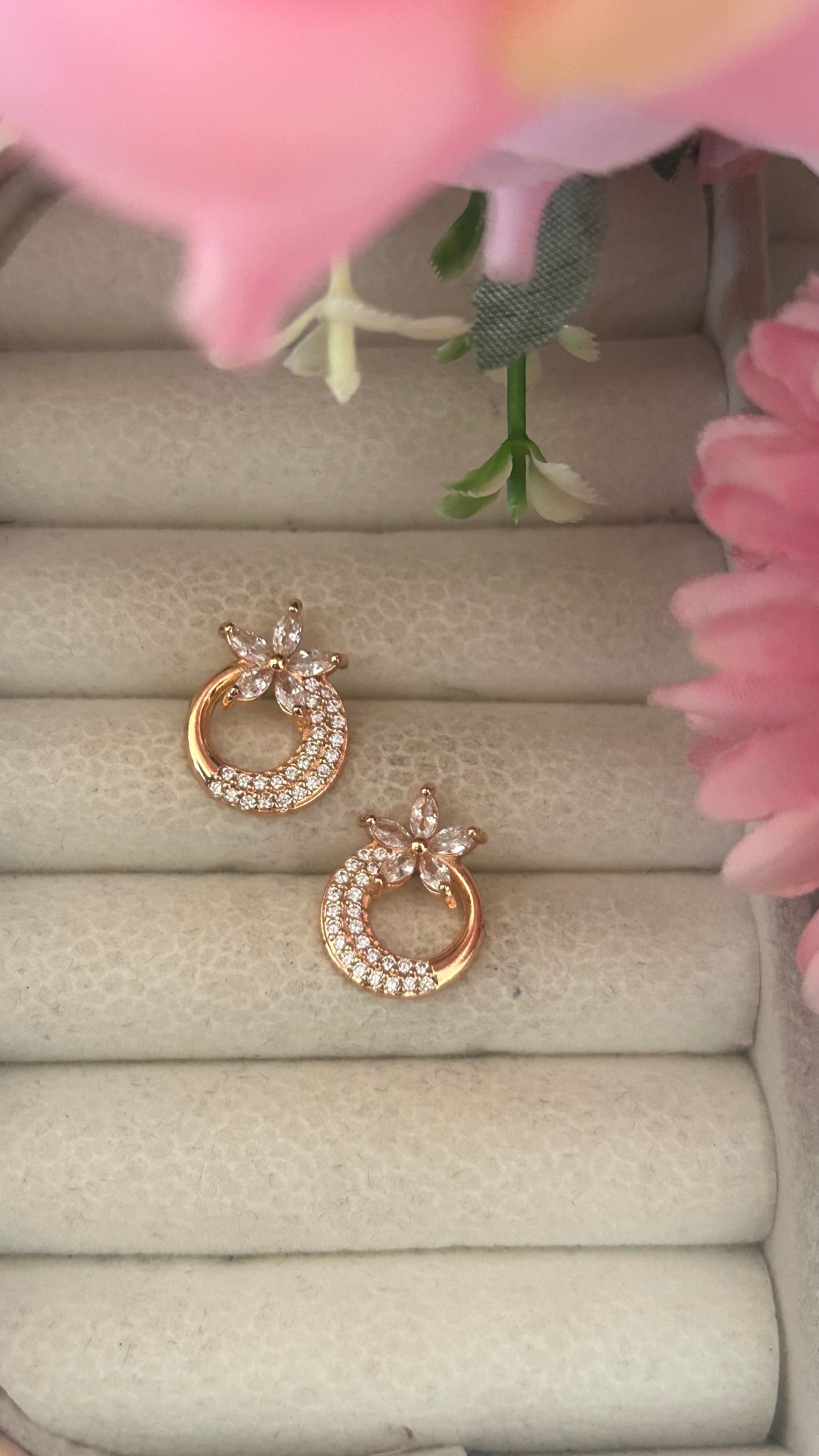 Gold-Plated Floral CZ Hoop Stud Earrings – Elegant Round Design with Sparkling Stones