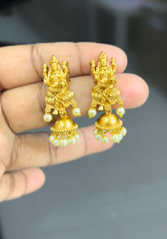 Gold Plated Lakshmi Devi jumkas with pearl hangings