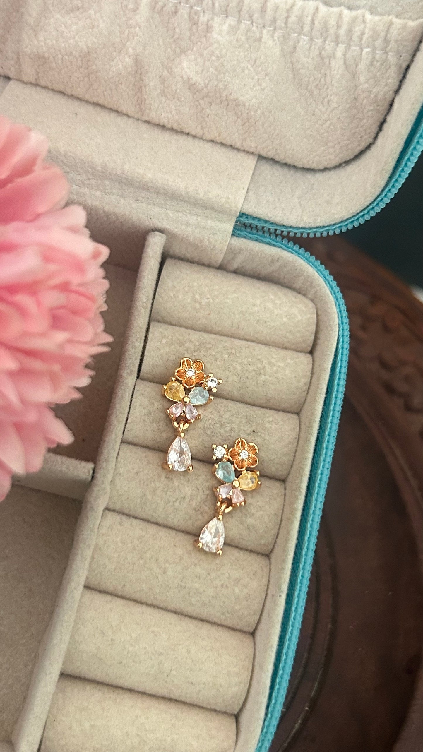 Cz multicoloured flower stud with stone hanging